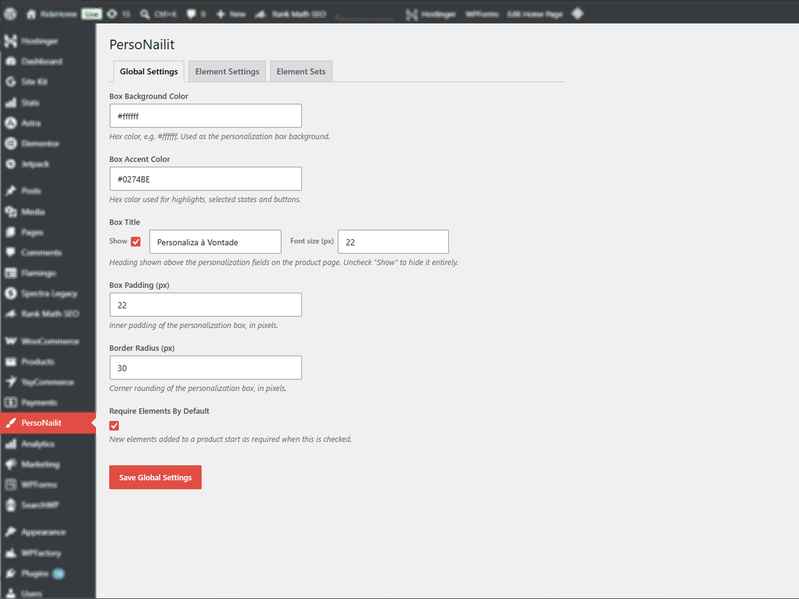 PersoNailit Global Settings screen