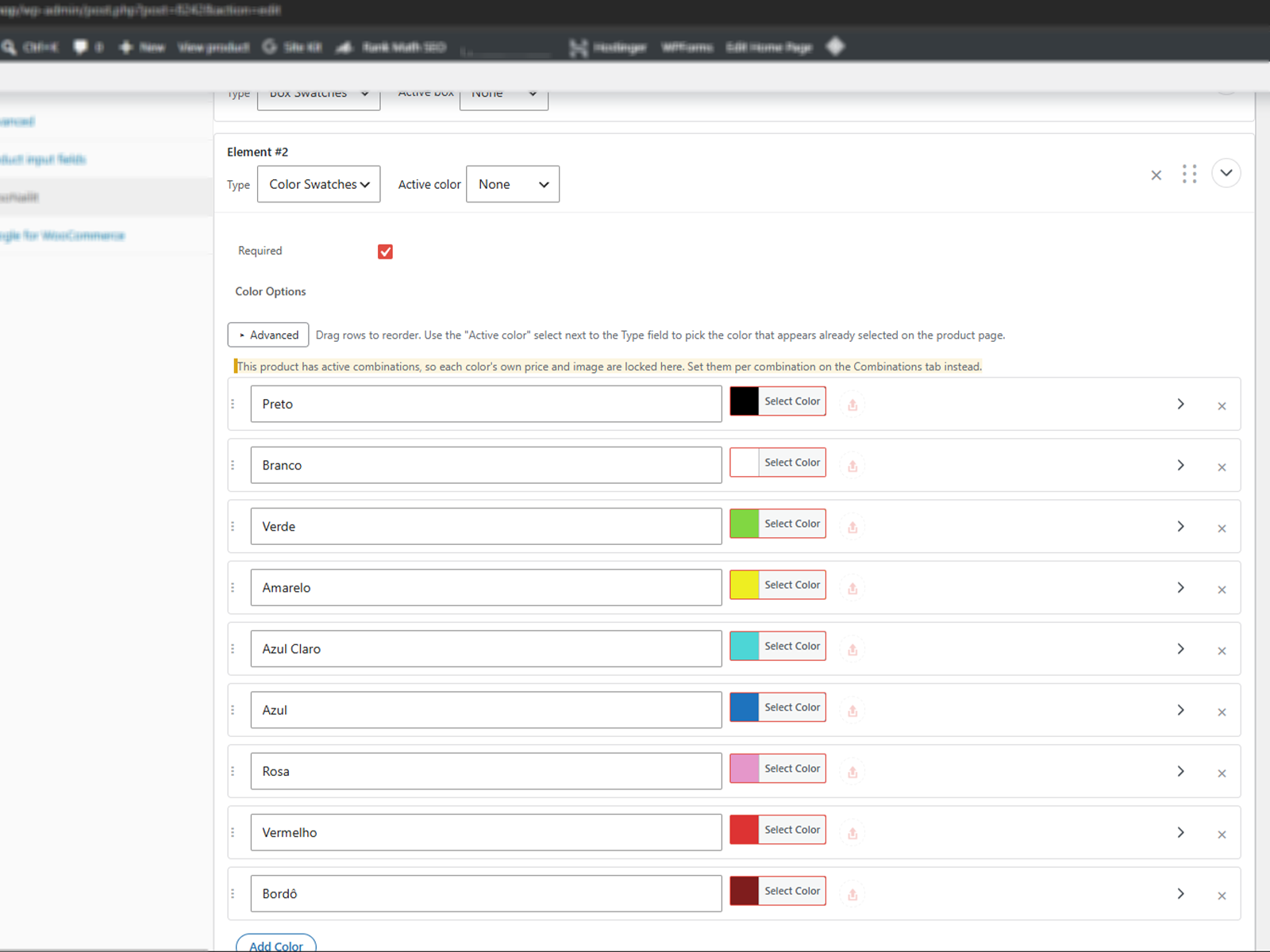 Color Swatches element configuration