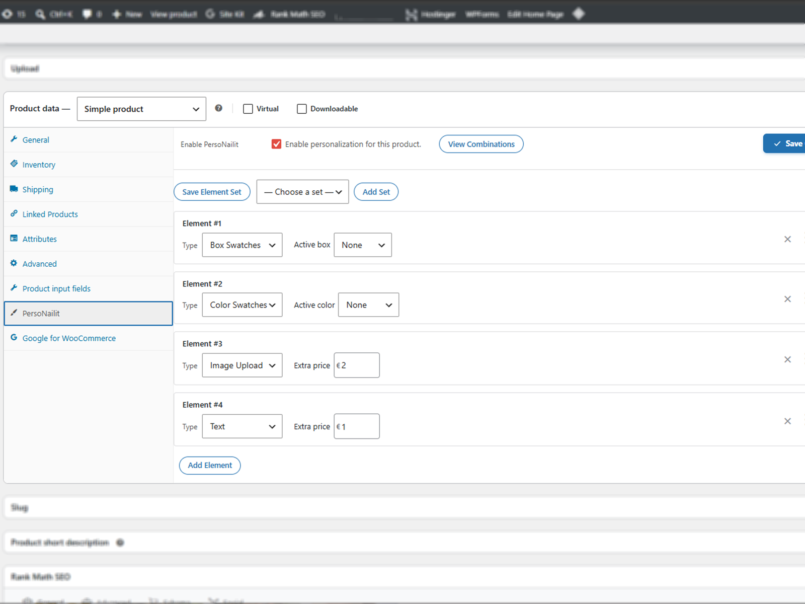 PersoNailit Elements panel in the WooCommerce product editor